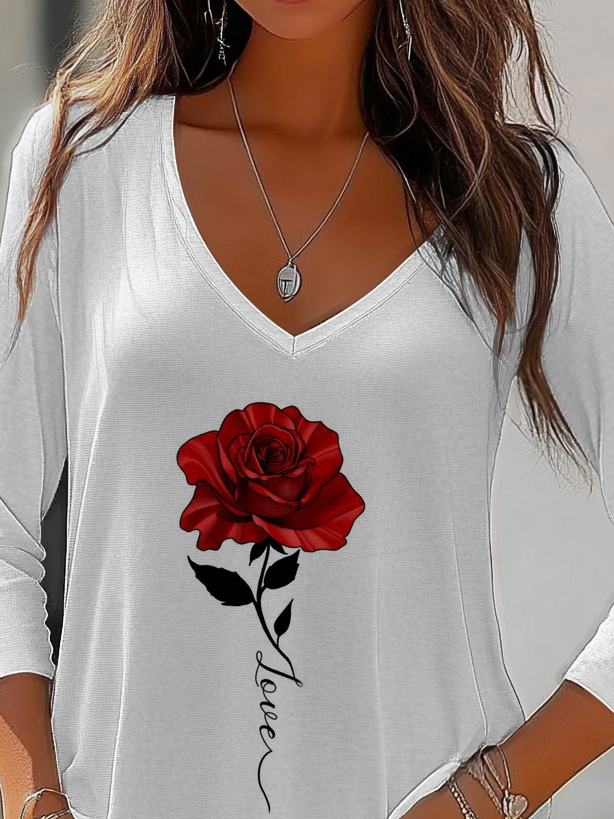 Women's Long Sleeve T-shirt Spring/Fall White Floral Jersey V Neck Daily Going Out Casual Top