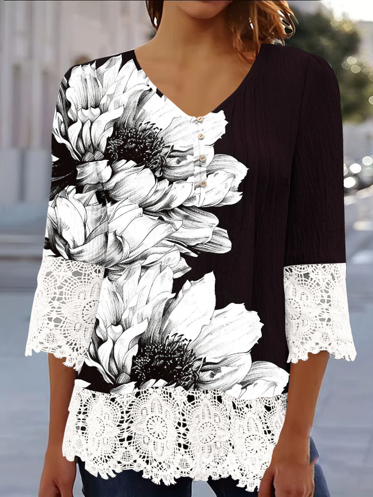 Casual Loose Abstract V Neck Blouse