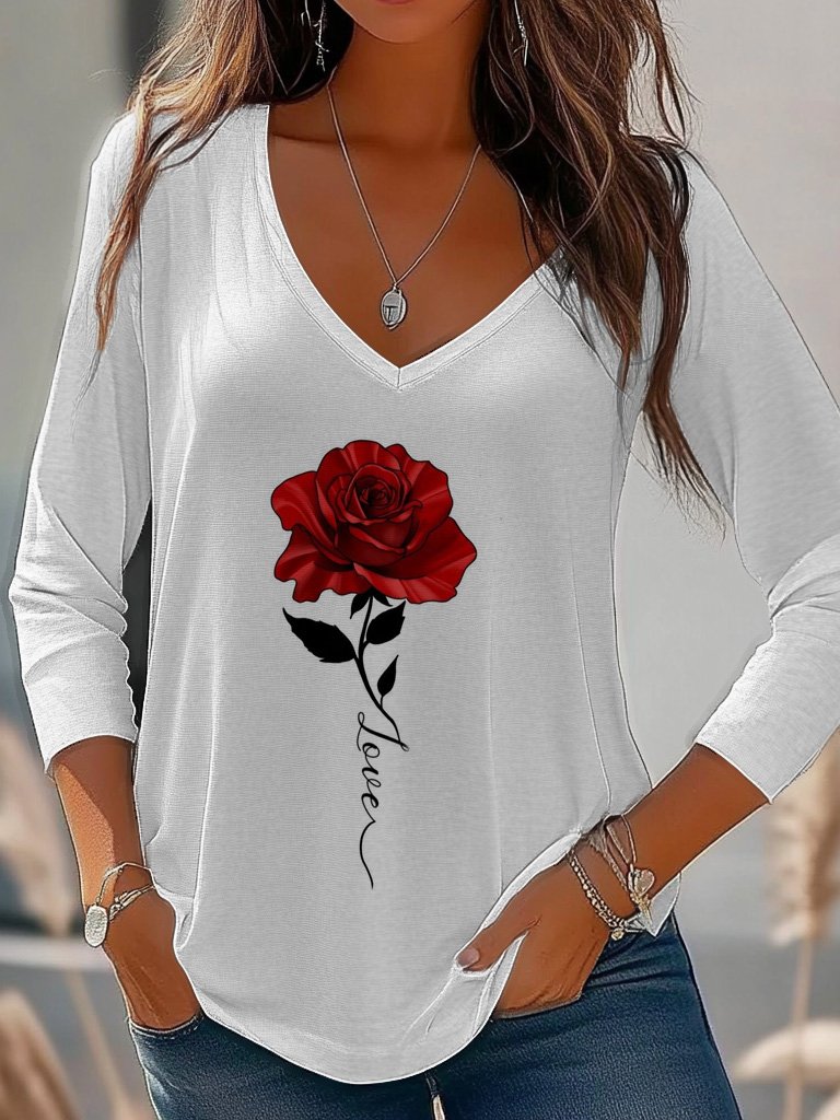 Women's Long Sleeve T-shirt Spring/Fall White Floral Jersey V Neck Daily Going Out Casual Top