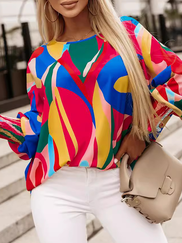 Loose Geometric Crew Neck Casual Blouse
