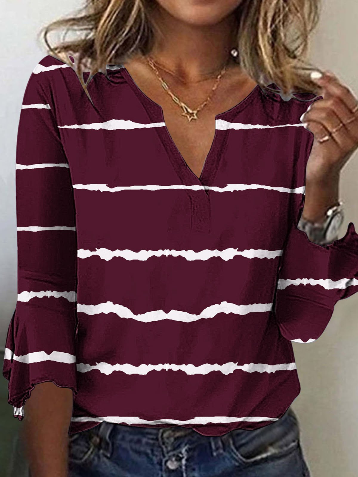 Casual Notched Striped Loose T-Shirt