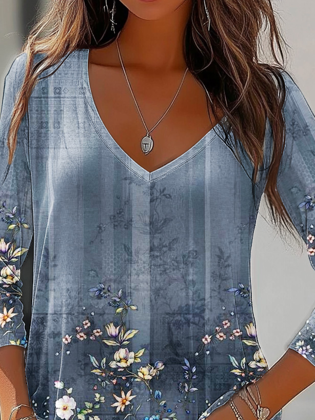 Women's Long Sleeve T-shirt Spring/Fall Blue Floral Jersey V Neck Daily Going Out Casual Top