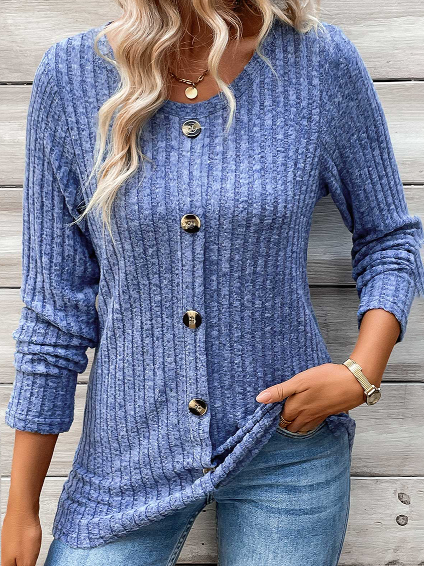 Women's Long Sleeve T-shirt Spring/Fall Blue Plain Buckle Crew Neck Daily Going Out Casual Top