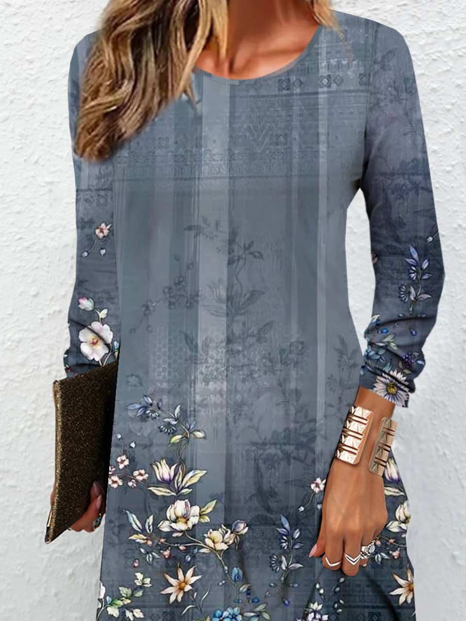 Floral printed round neck casual dress