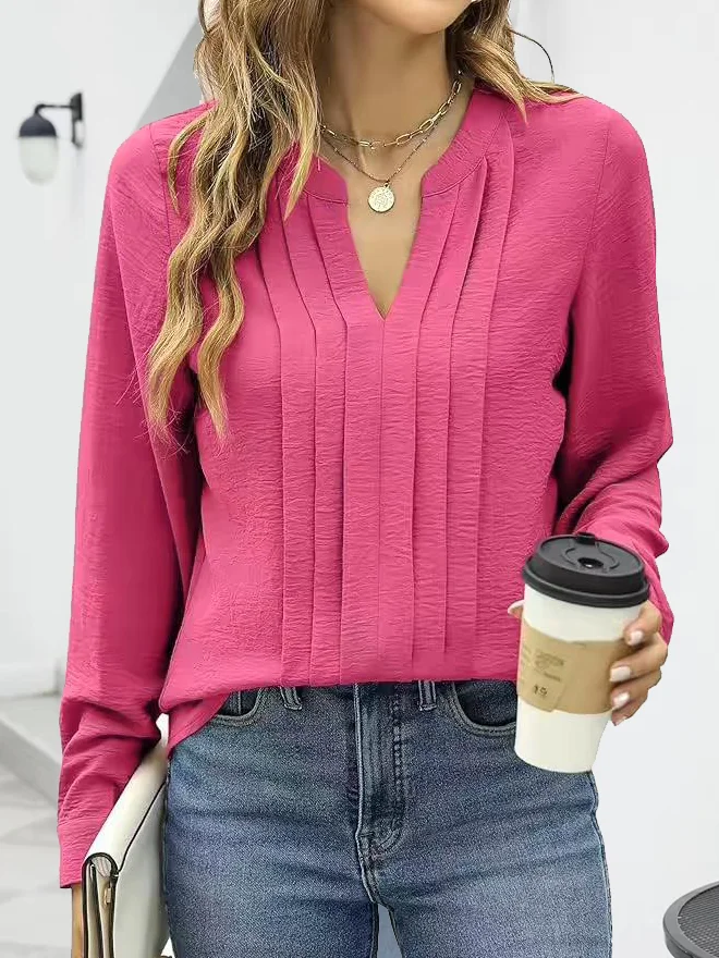 Notched Casual Pleated Blouse