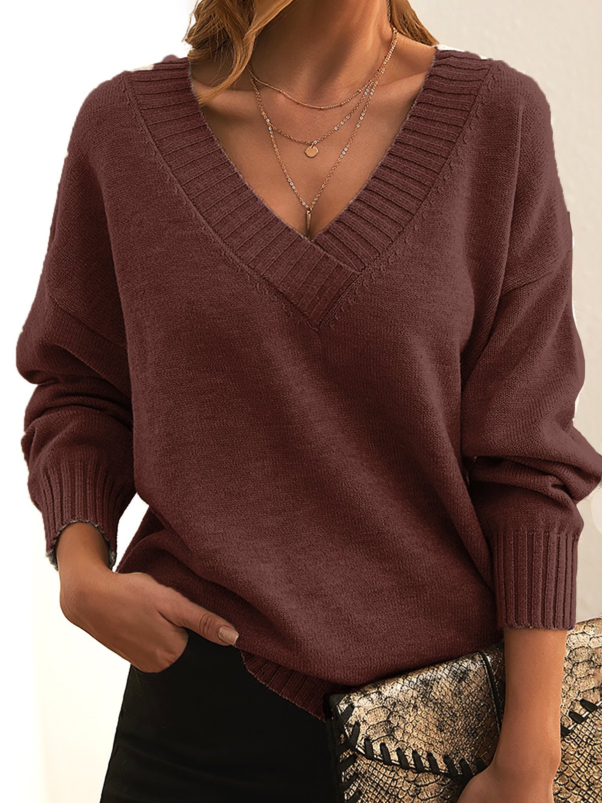 V Neck Casual Loose Sweater