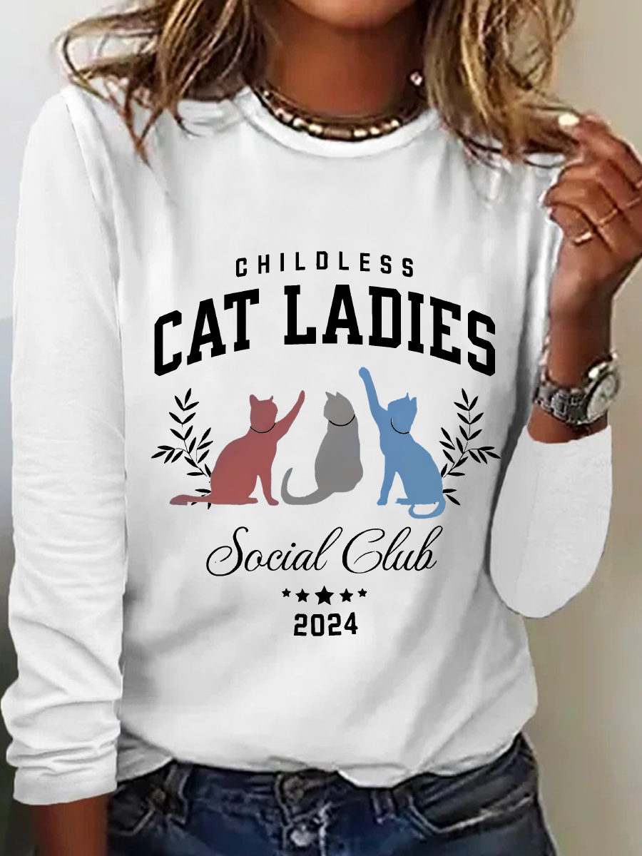 Childless Cat Lady Print Casual Long Sleeve Shirt