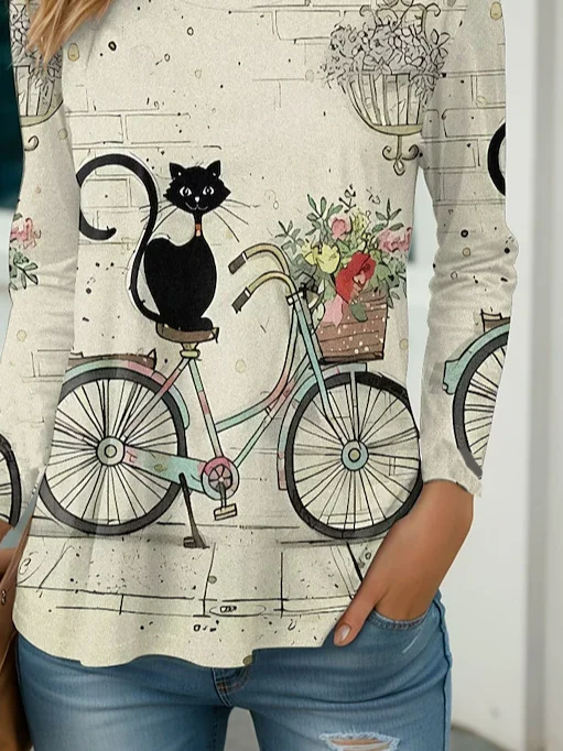 Jersey Crew Neck Casual Cat T-Shirt