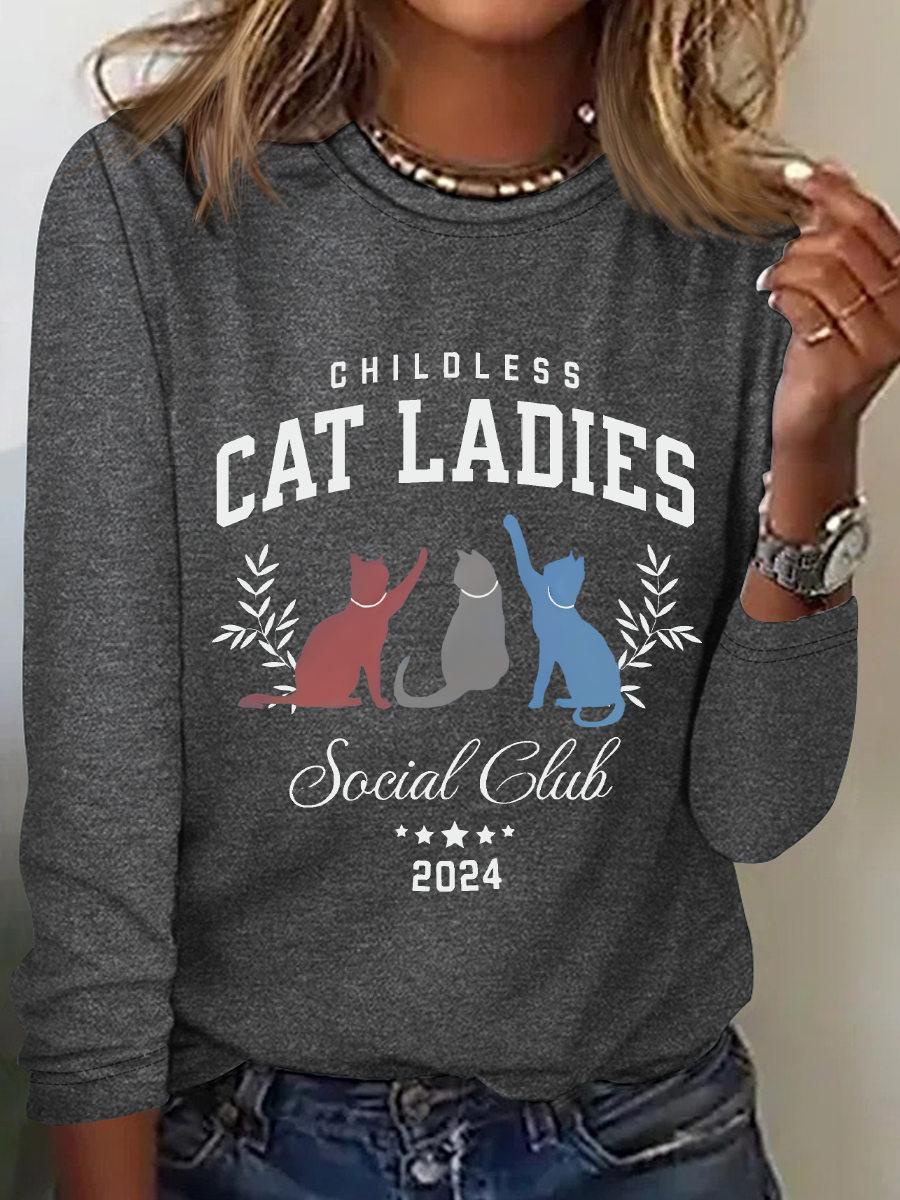 Childless Cat Lady Print Casual Long Sleeve Shirt