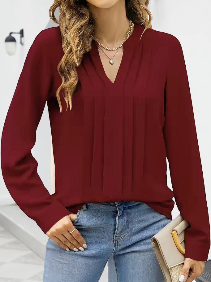 Notched Casual Pleated Blouse