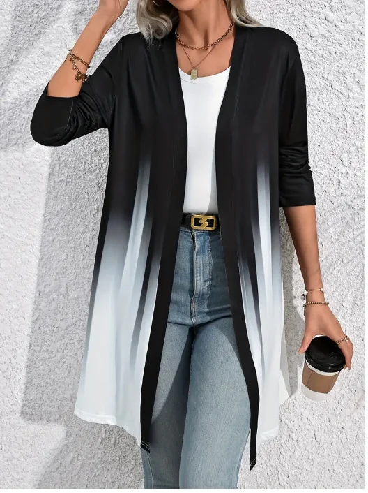 Casual Ombre Crew Neck Loose Jacket