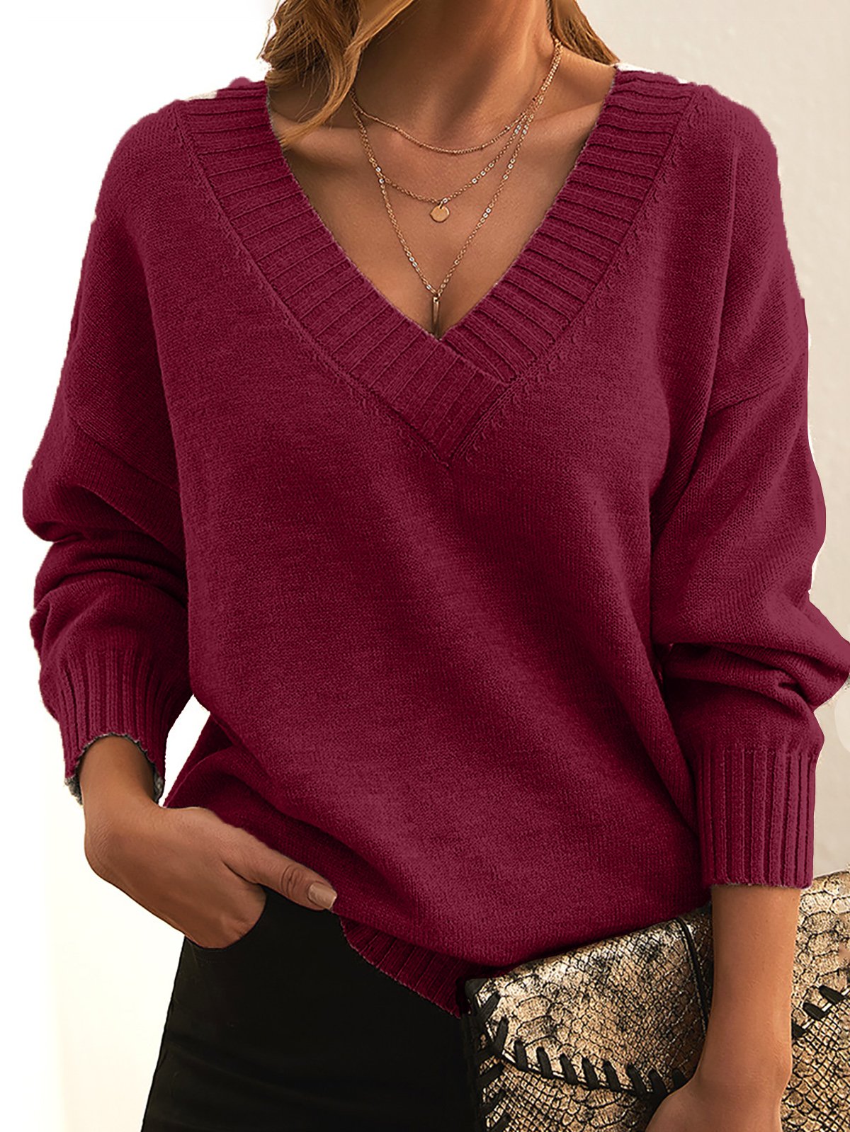 V Neck Casual Loose Sweater