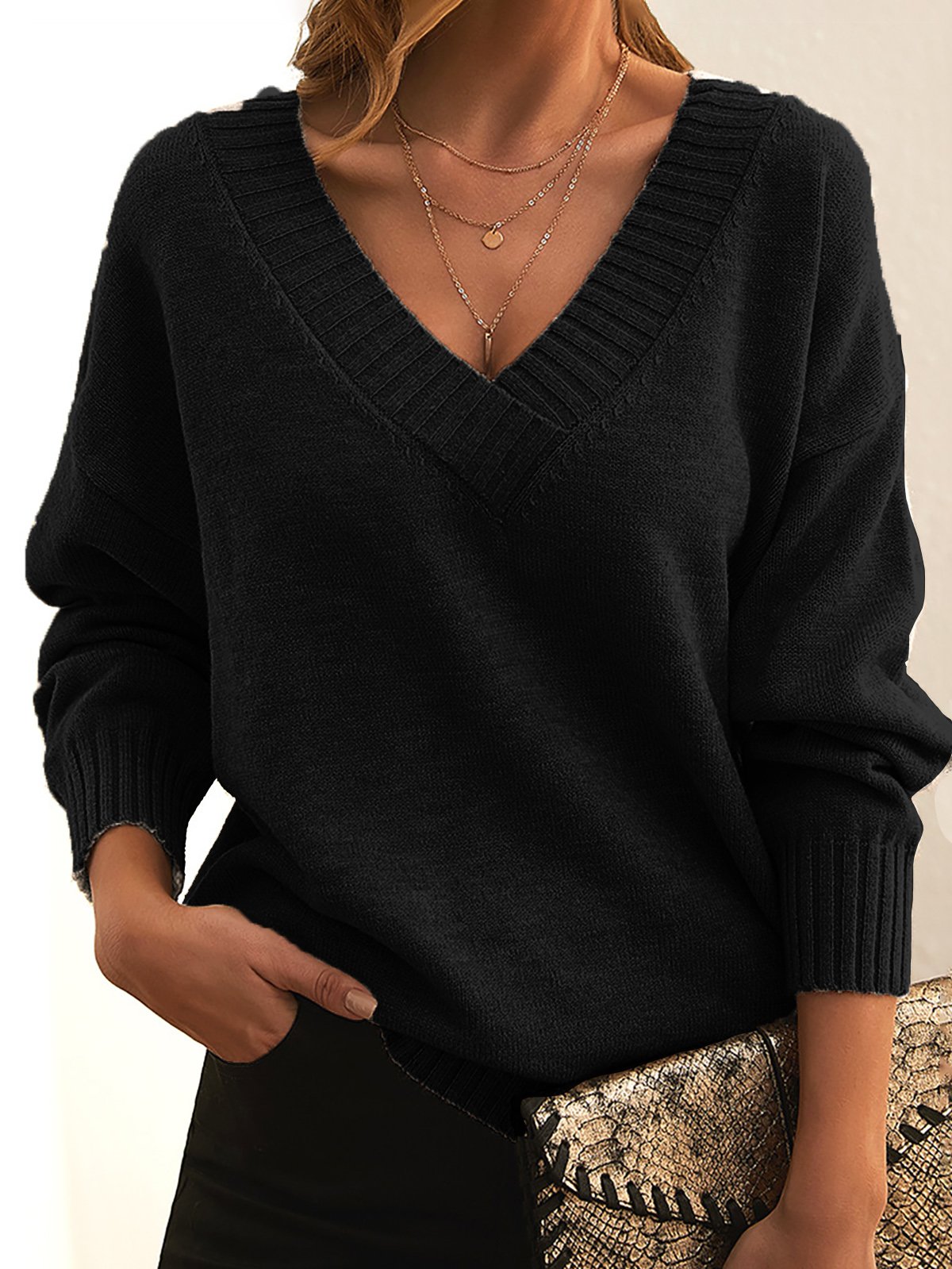 V Neck Casual Loose Sweater