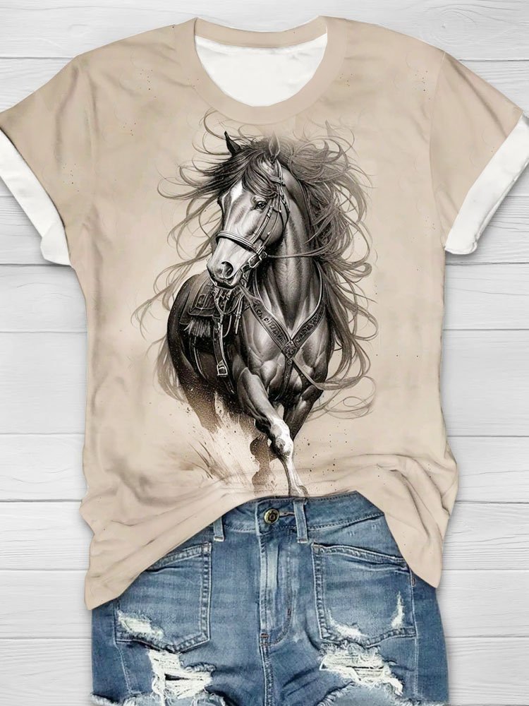 Horse print round neck long sleeved casual T-shirt