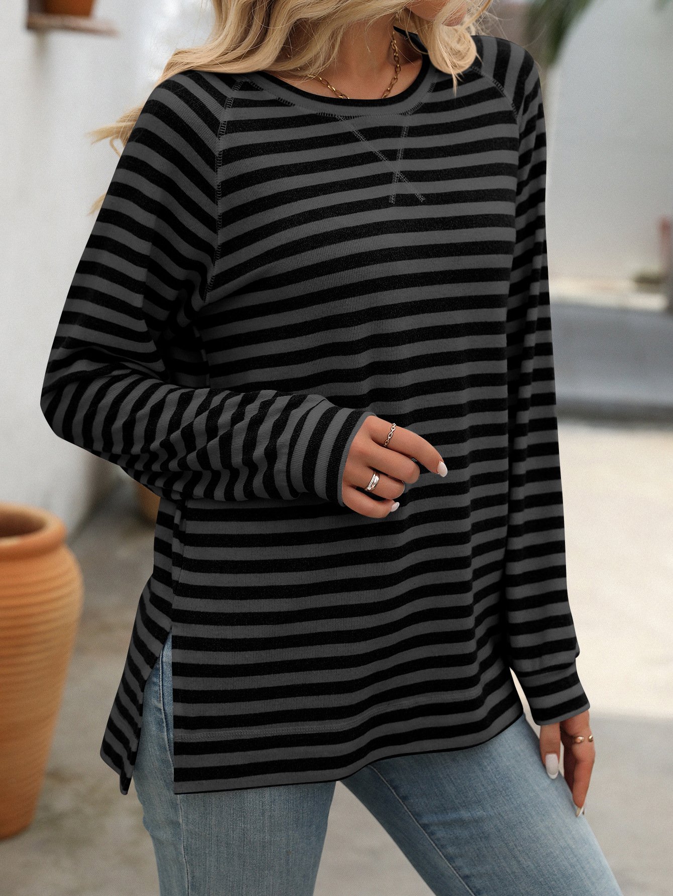 Women's Long Sleeve Blouse Spring/Fall Black Striped Crew Neck Daily Going Out Casual Top