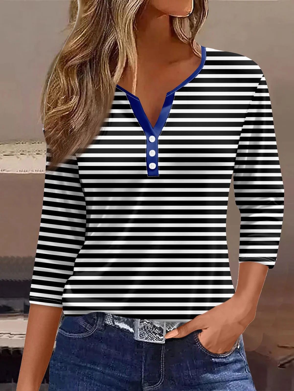 Loose Casual Striped Jersey T-Shirt