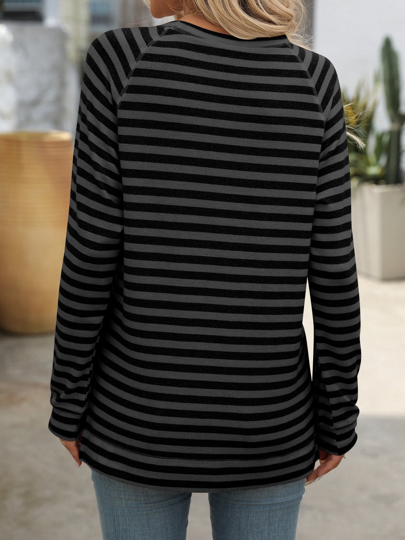 Women's Long Sleeve Blouse Spring/Fall Black Striped Crew Neck Daily Going Out Casual Top