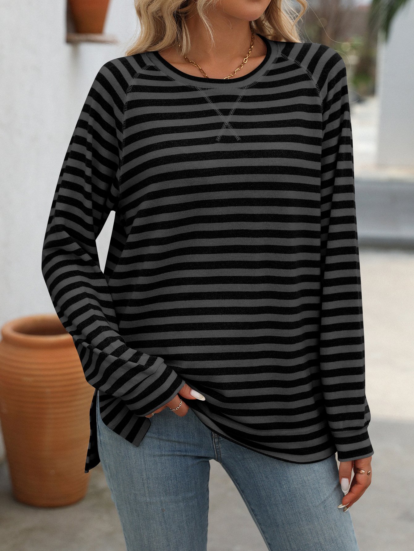 Women's Long Sleeve Blouse Spring/Fall Black Striped Crew Neck Daily Going Out Casual Top