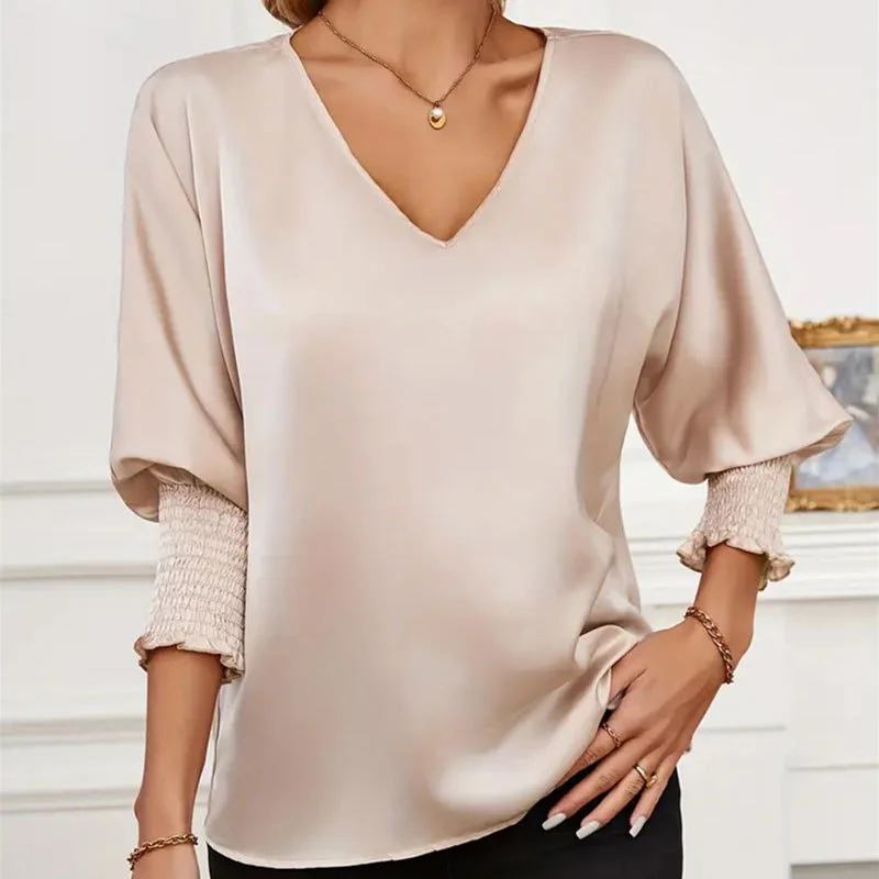 Women's Long Sleeve Blouse Spring/Fall Apricot Plain V Neck Daily Going Out Casual Top