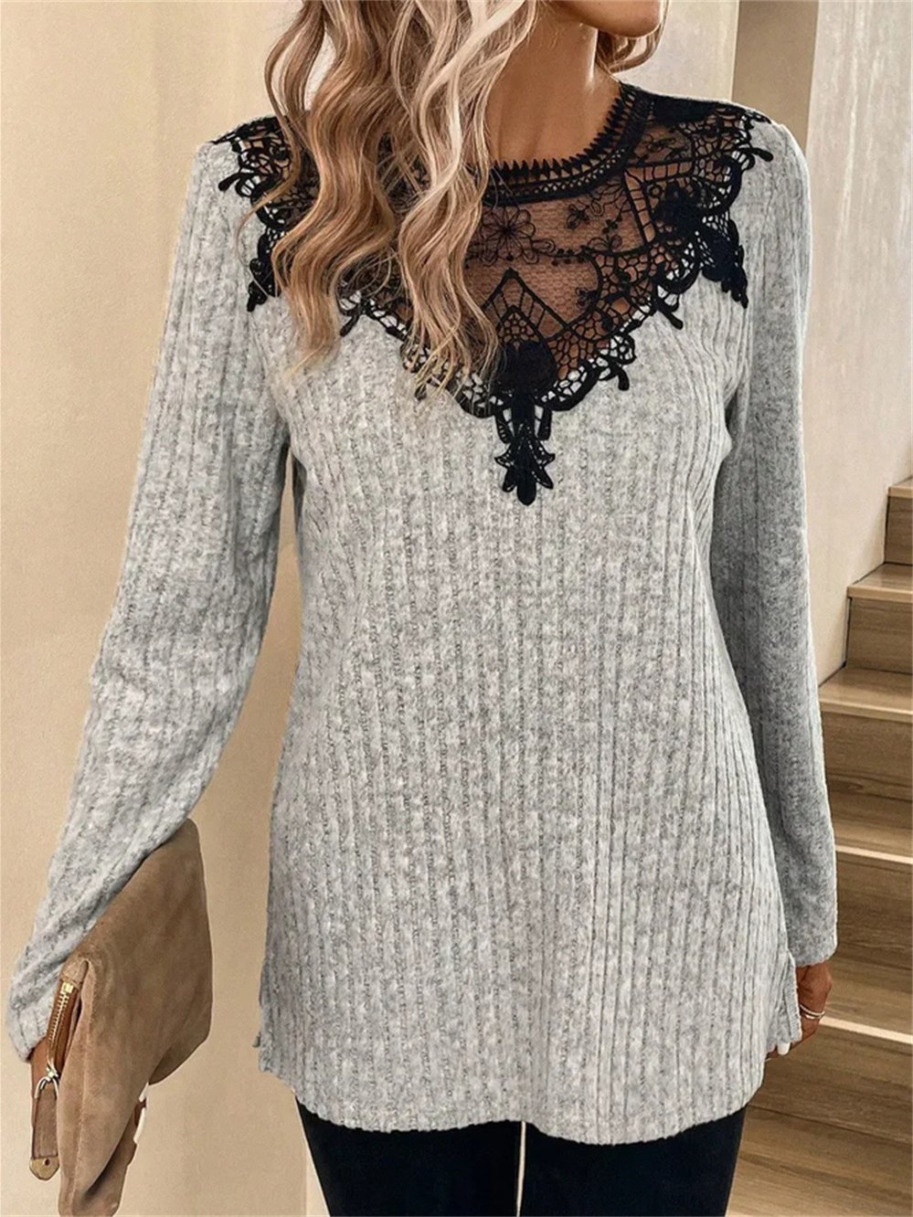 Lace Plain Casual Knitted T-Shirt