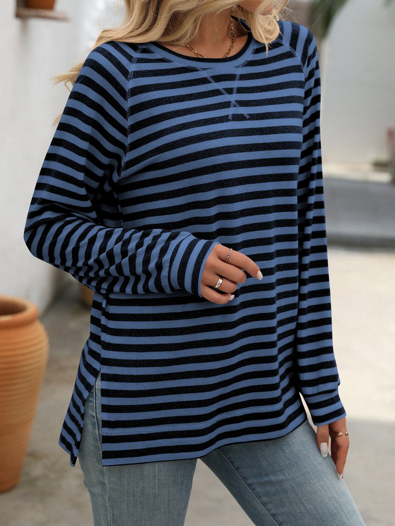 Women's Long Sleeve Blouse Spring/Fall Black Striped Crew Neck Daily Going Out Casual Top