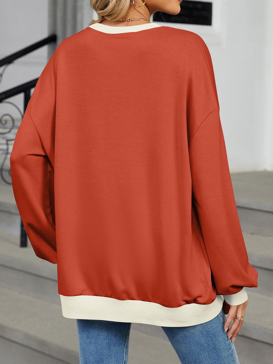 Contrast Stitching V Neck Casual Cotton-Blend Sweatshirt