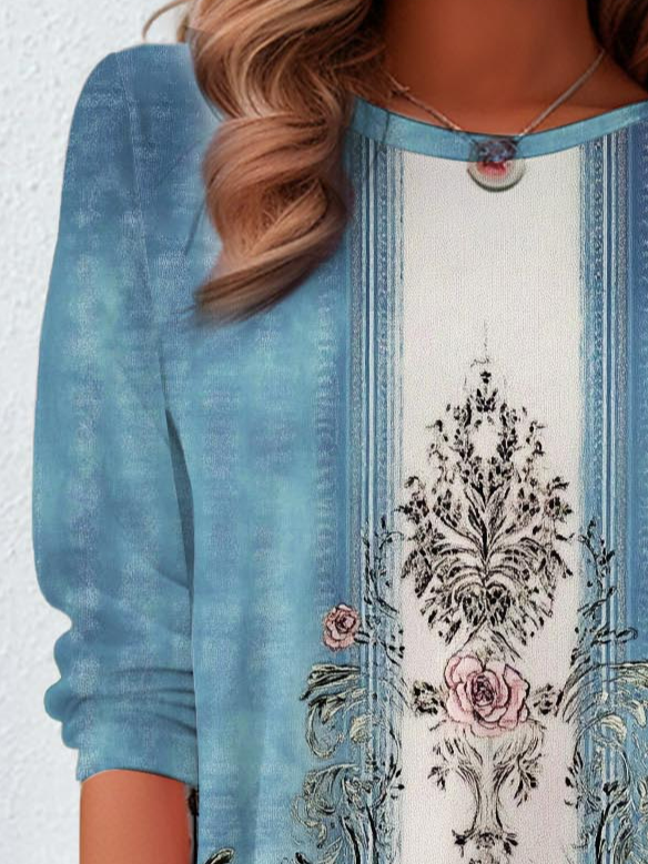 Ethnic Floral Design Round Neck Loose Long Sleeve T-Shirt