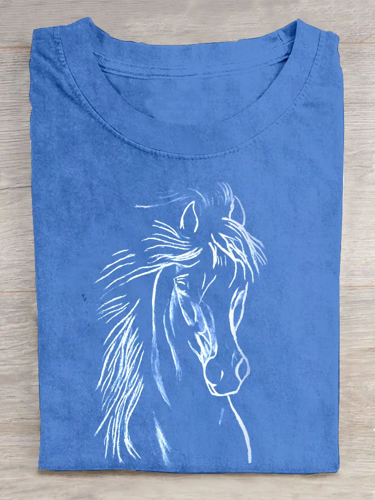 Crew Neck Cotton Horse Casual T-Shirt