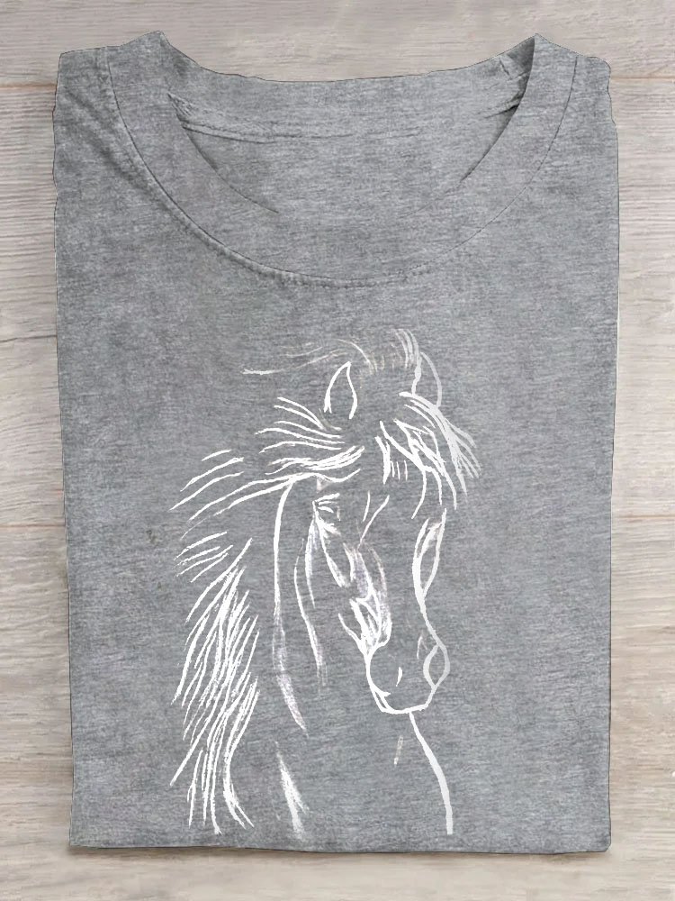 Crew Neck Cotton Horse Casual T-Shirt