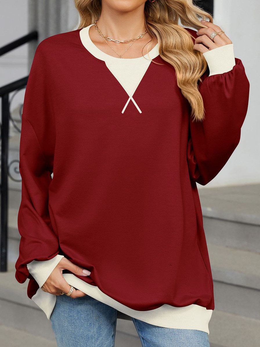 Contrast Stitching V Neck Casual Cotton-Blend Sweatshirt