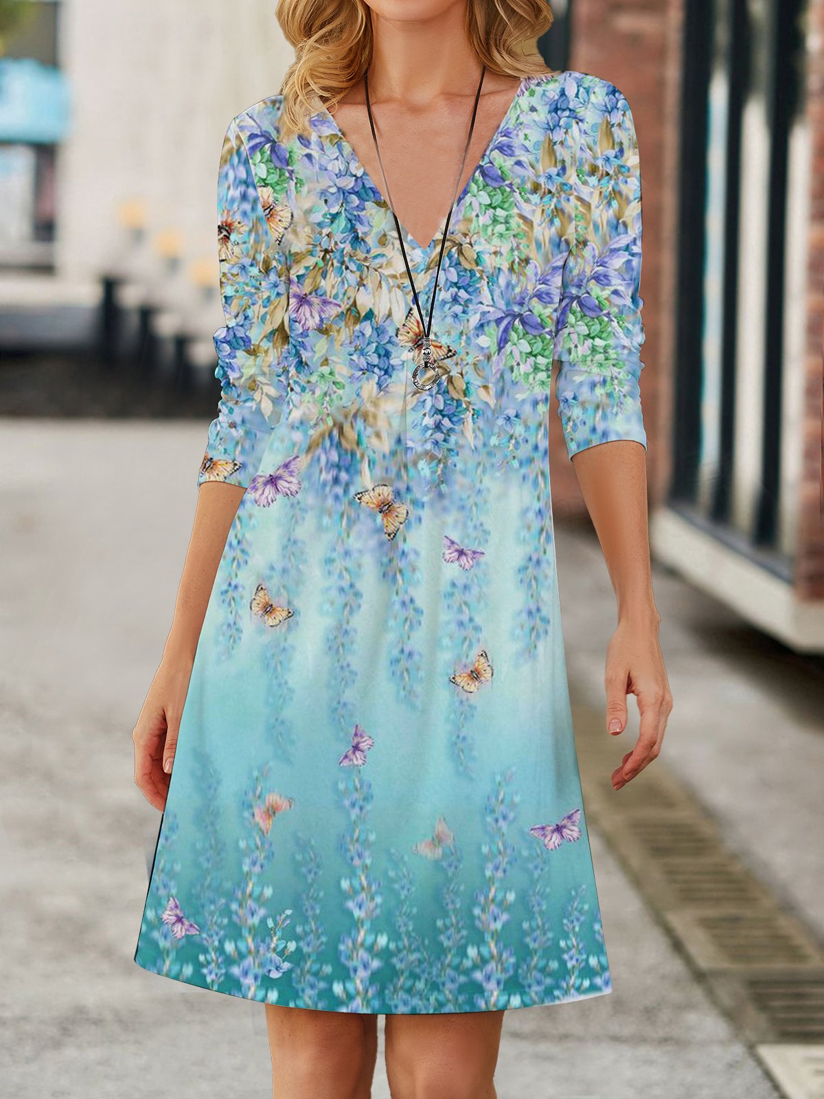 Floral Design V-Neck Loose Long-Sleeved Dress