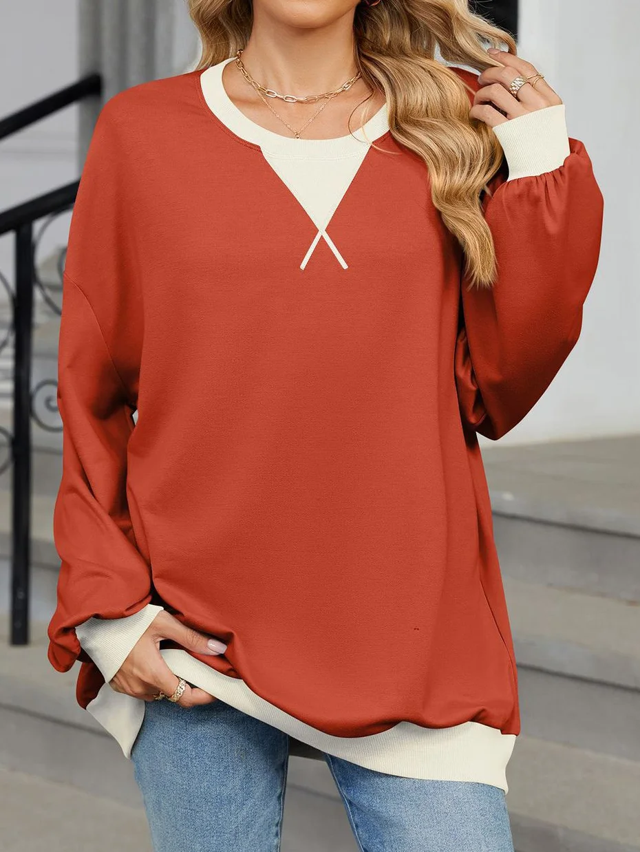 Contrast Stitching V Neck Casual Cotton-Blend Sweatshirt