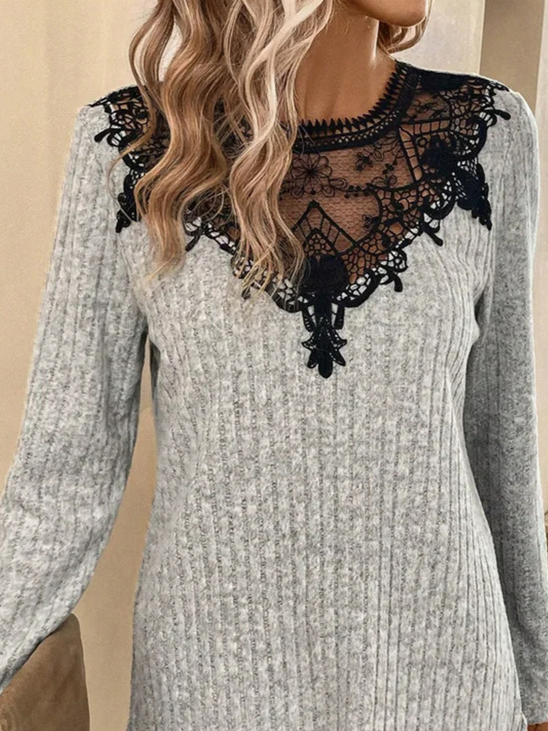 Lace Plain Casual Knitted T-Shirt