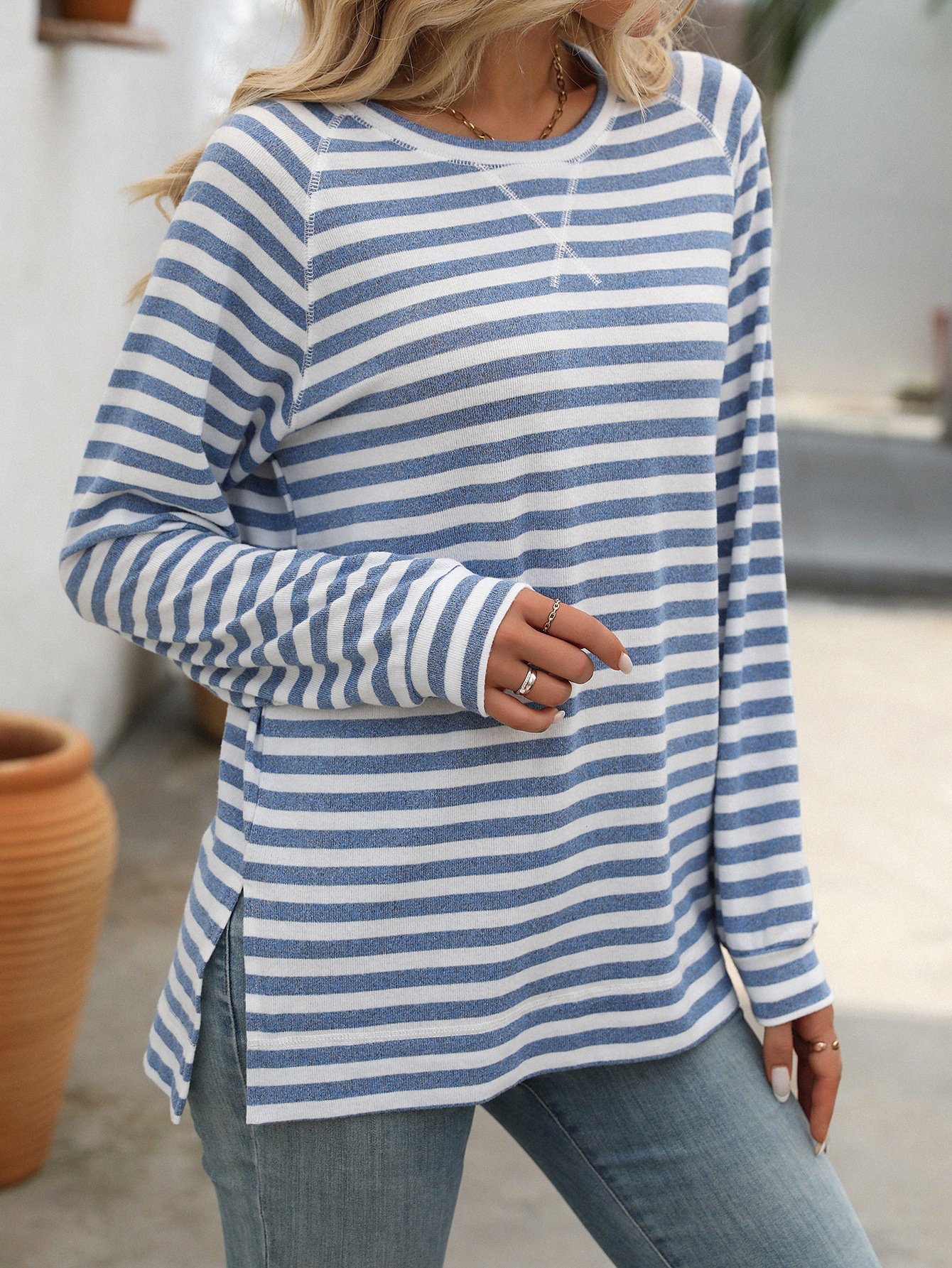 Women's Long Sleeve Blouse Spring/Fall Black Striped Crew Neck Daily Going Out Casual Top