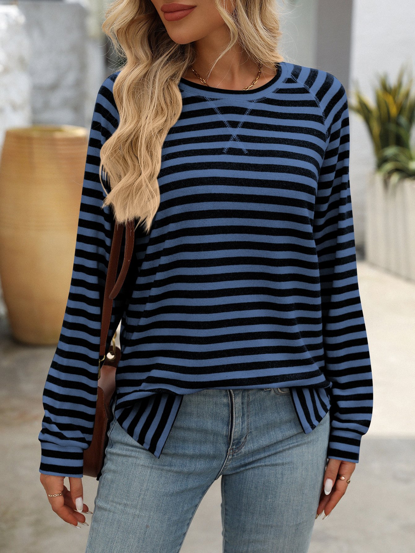 Women's Long Sleeve Blouse Spring/Fall Black Striped Crew Neck Daily Going Out Casual Top