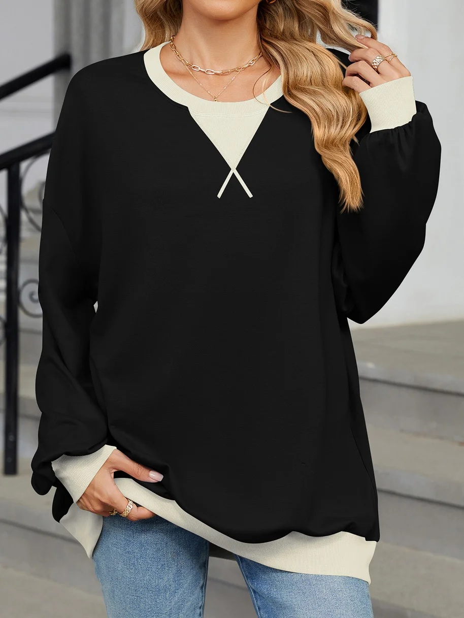 Contrast Stitching V Neck Casual Cotton-Blend Sweatshirt