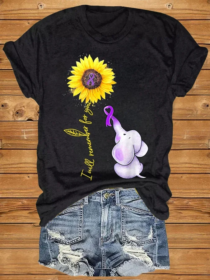 Women's Elephant I Will Remember For You Sunflower Alzheimer Print T-shirt