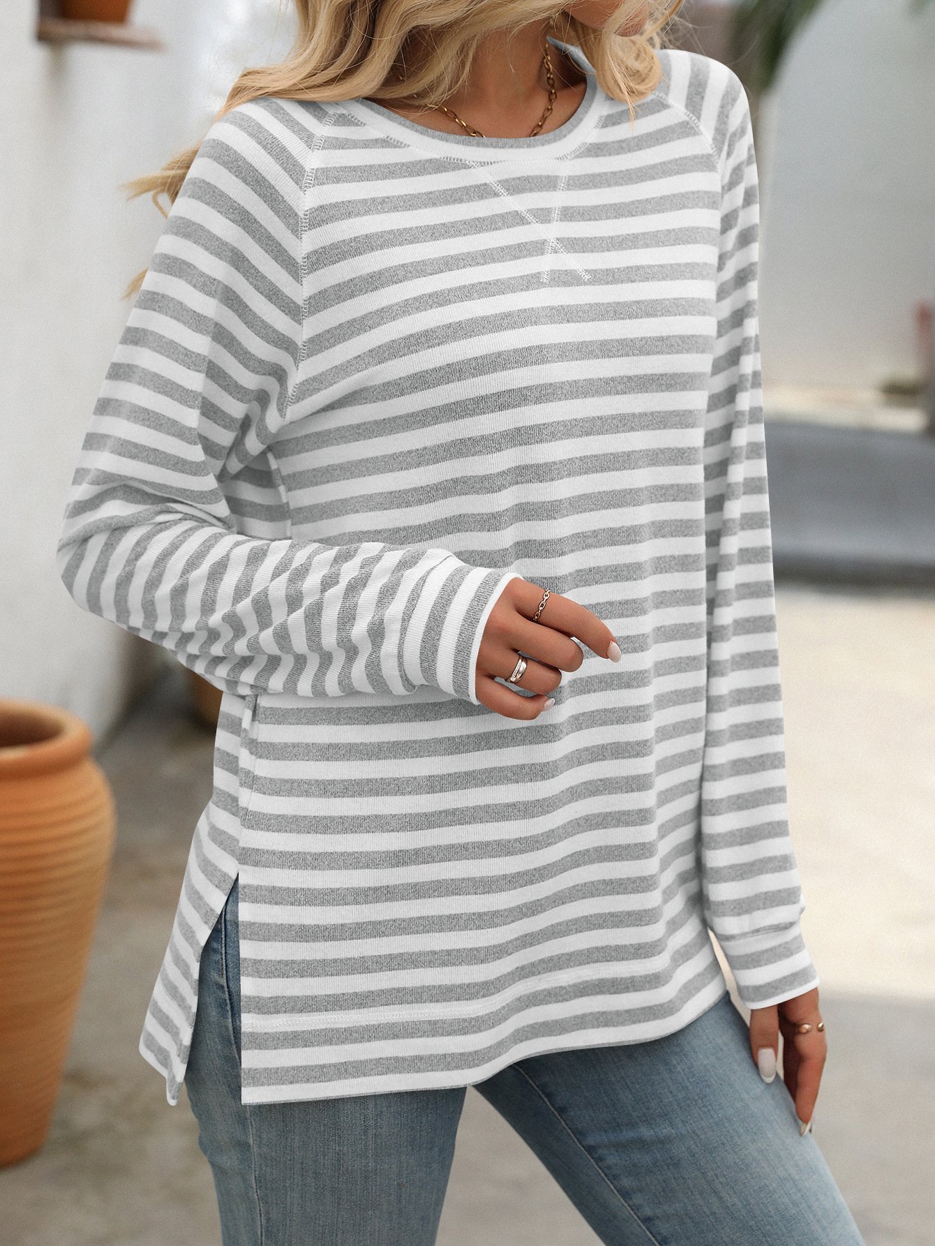 Women's Long Sleeve Blouse Spring/Fall Black Striped Crew Neck Daily Going Out Casual Top