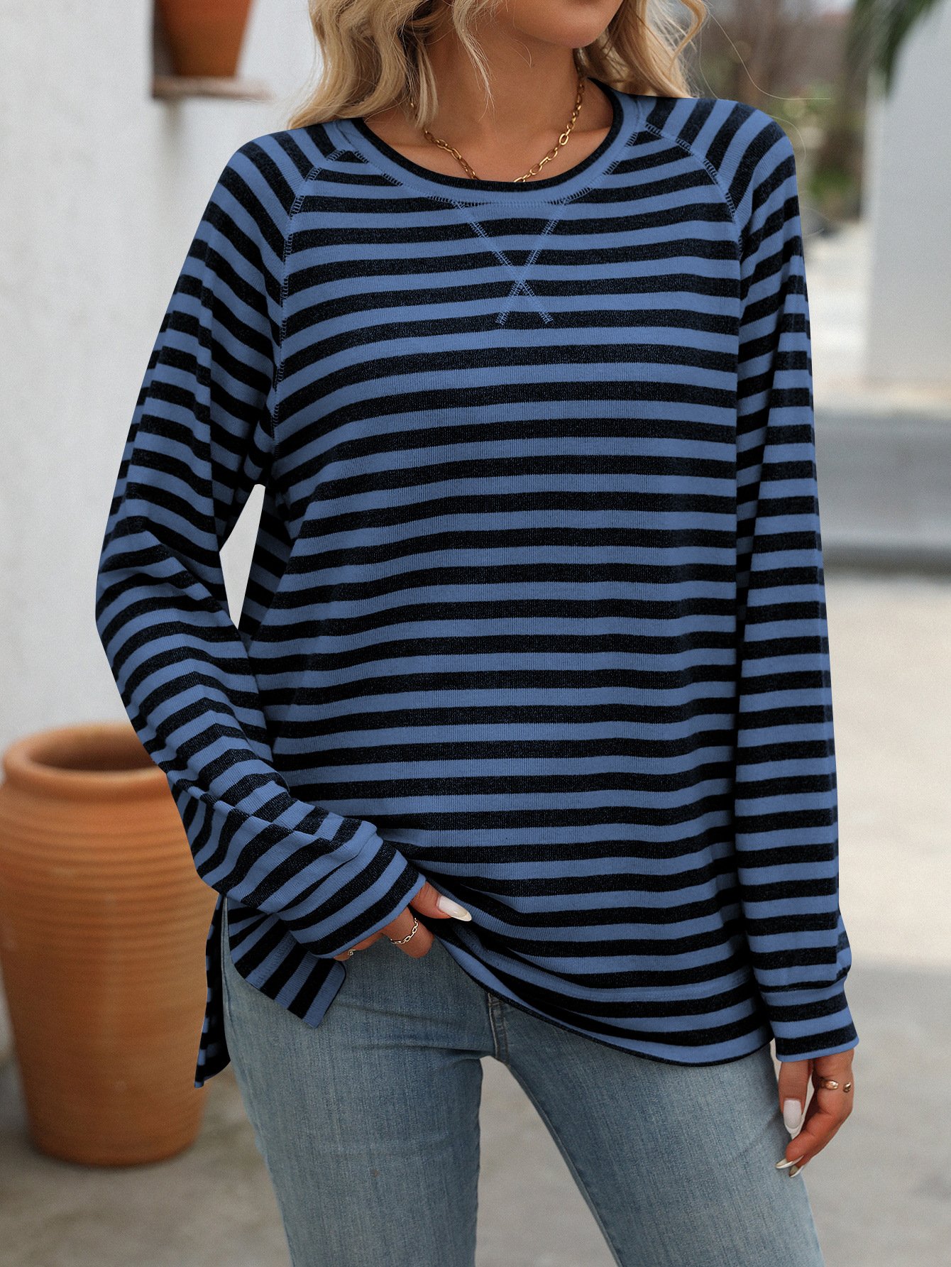 Women's Long Sleeve Blouse Spring/Fall Black Striped Crew Neck Daily Going Out Casual Top