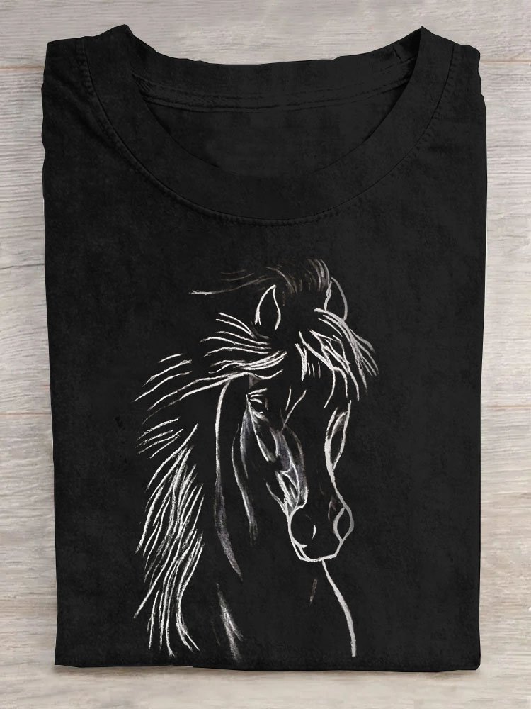 Crew Neck Cotton Horse Casual T-Shirt