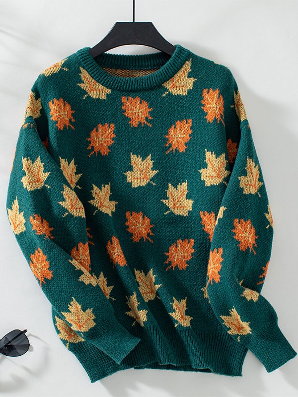 Casual Maple Leaf Yarn/Wool Yarn Loose Sweater