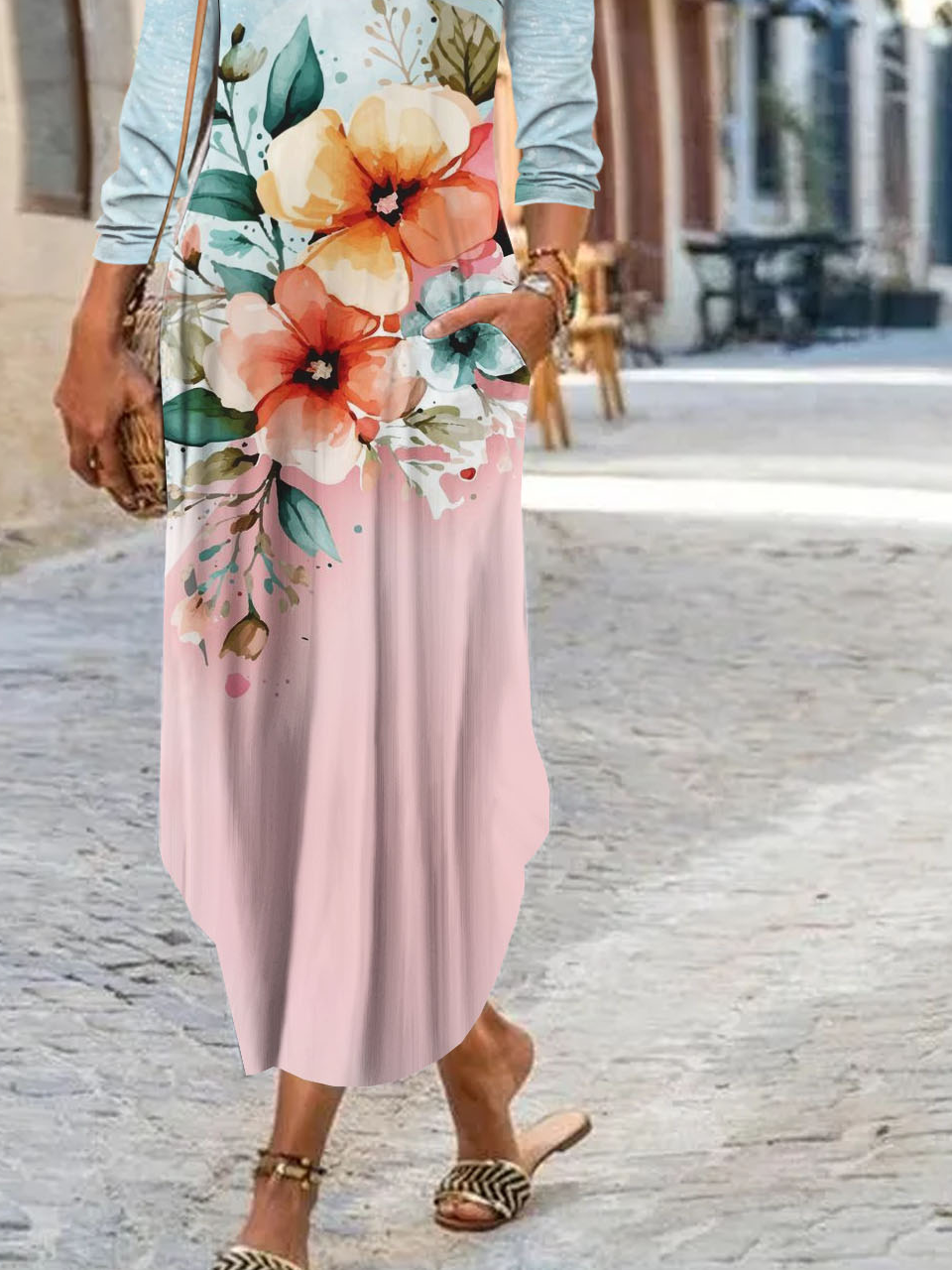 Floral printed round neck casual dress