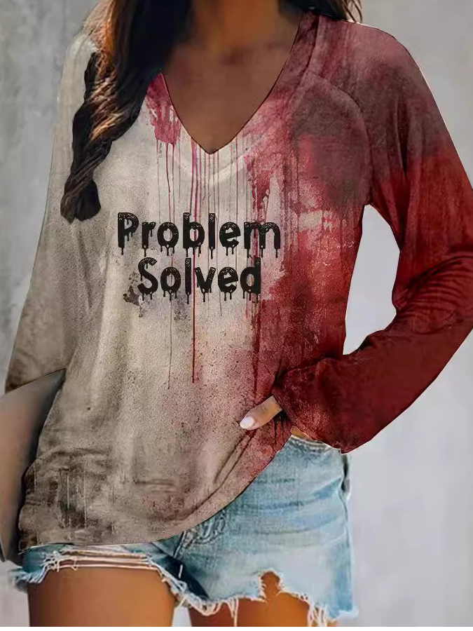 Women's Bloody Problem Solved Halloween Print V-Neck Long Sleeve T-Shirt