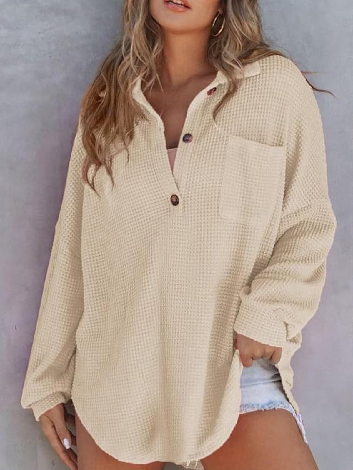 Casual Buttoned Shawl Collar Knitted Blouse