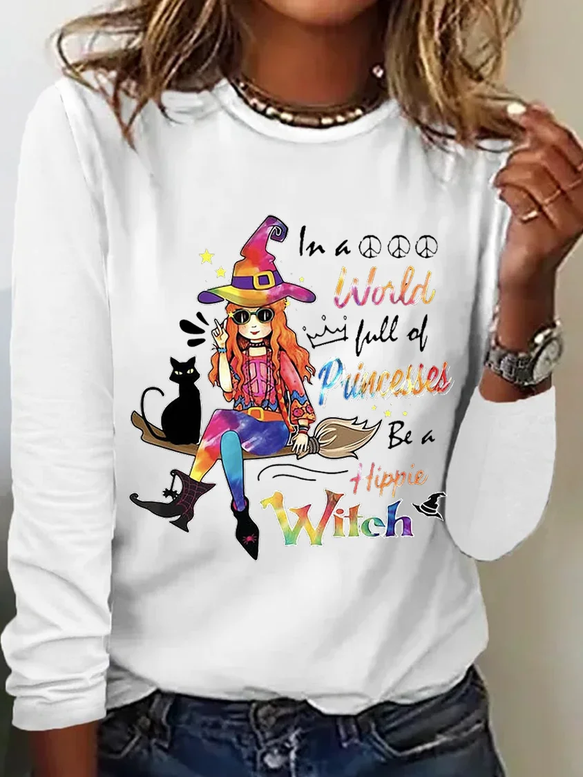 Hippie Girl And Black Cat A Hippie Witch Halloween T-shirt