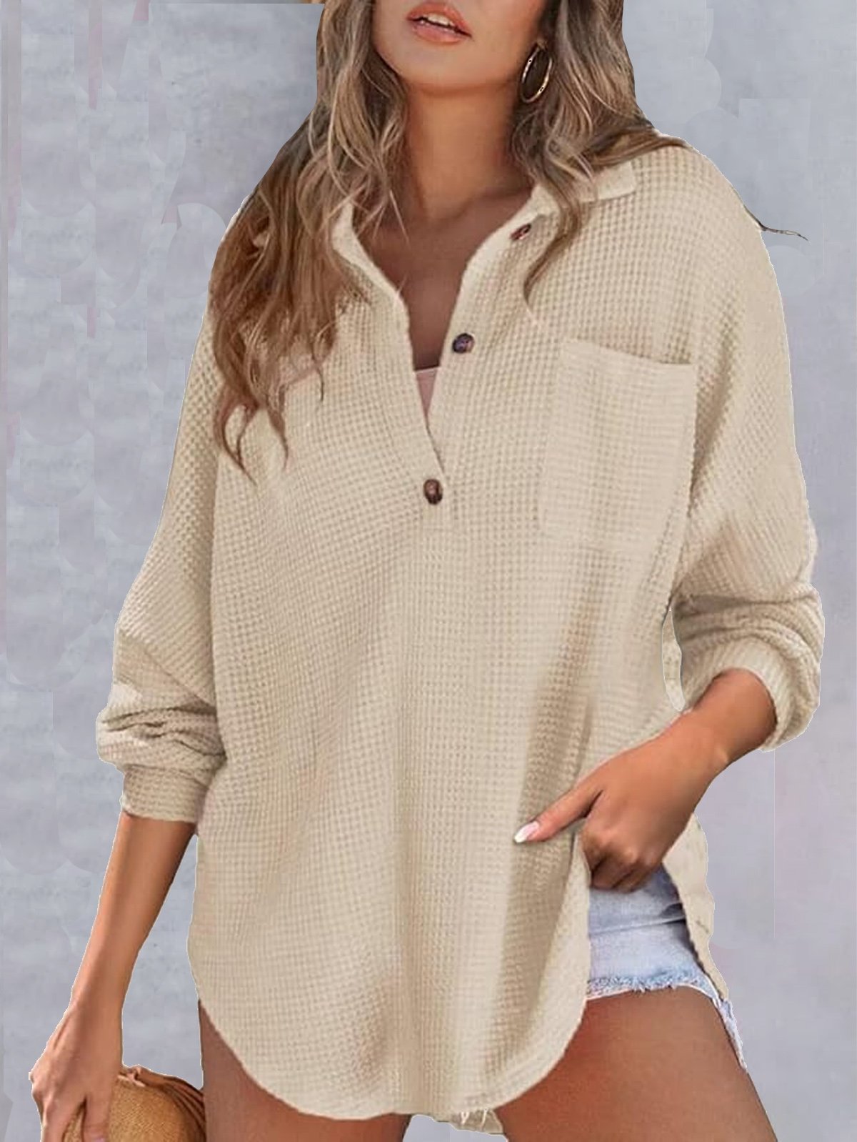 Casual Buttoned Shawl Collar Knitted Blouse