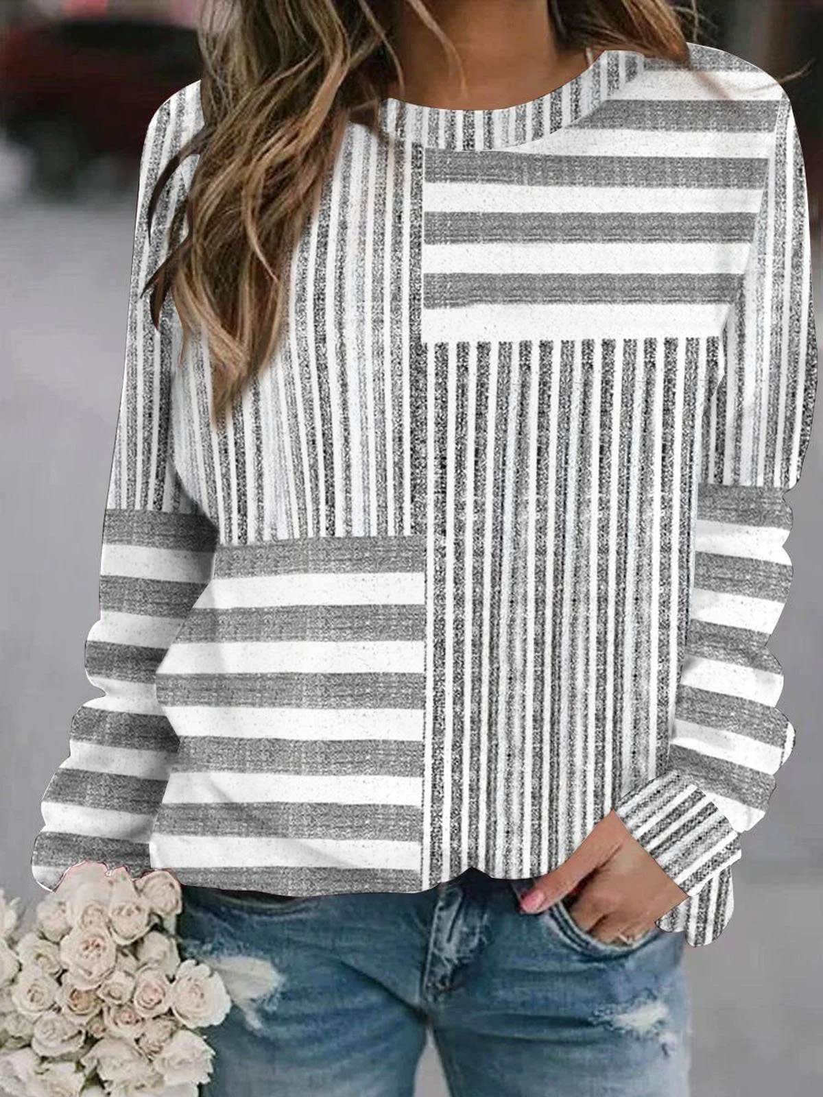 Striped printed round neck casual hoodie