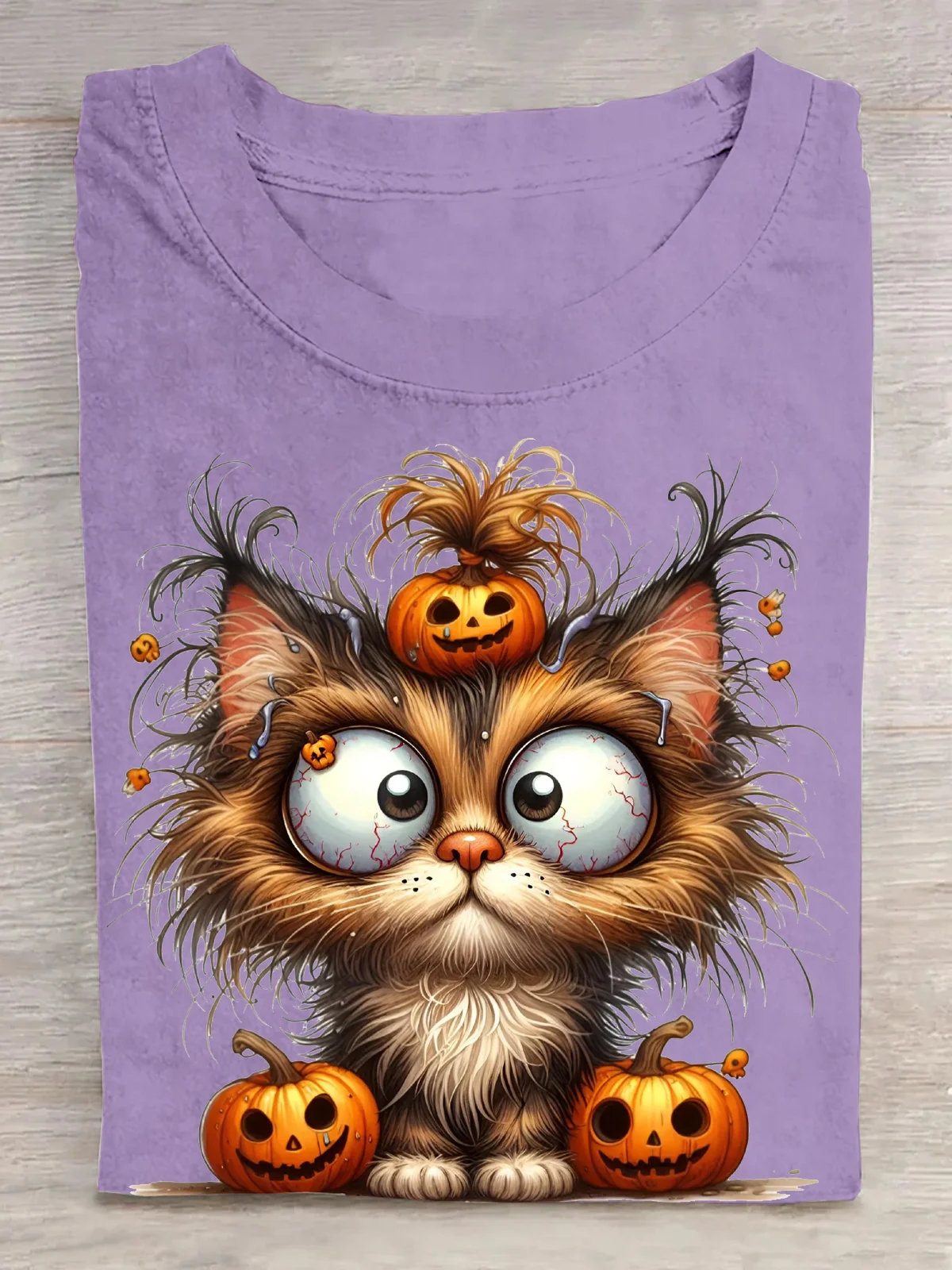 Halloween Cat Clipart with Pumpkin Hat and Big Eyes Cotton T-Shirt