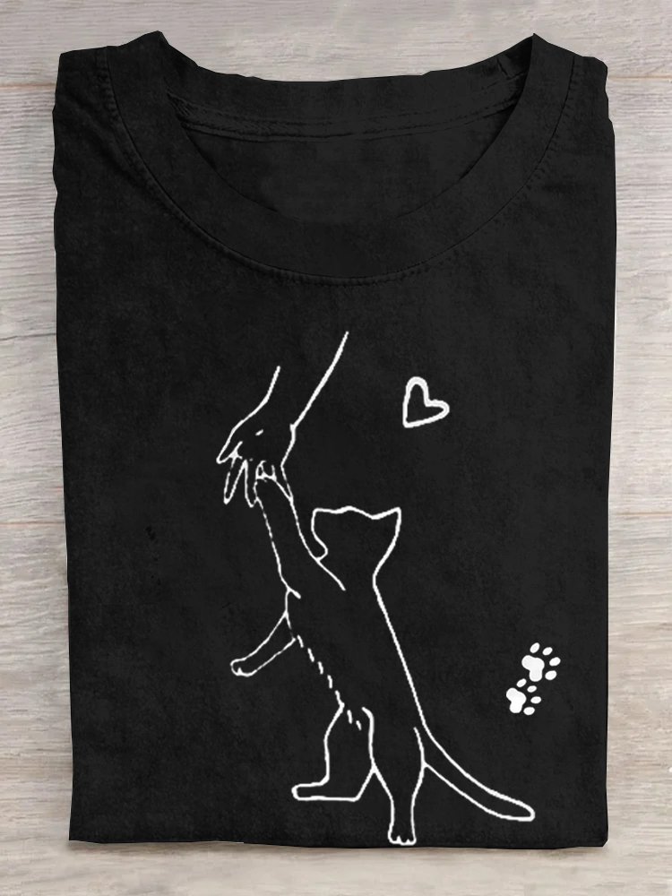 Casual Cotton Crew Neck Cat T-Shirt