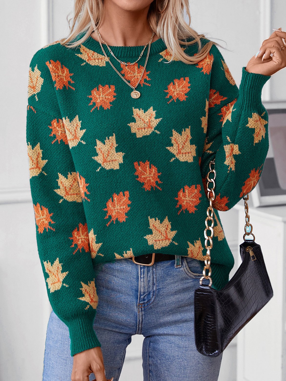 Casual Maple Leaf Yarn/Wool Yarn Loose Sweater